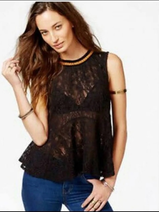 Free People Tops - Free People Maisie Black Lace Sleeveless Peplum Top